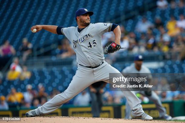 Jhoulys Chacin of the Milwaukee Brewers pitches in the first inning against the Pittsburgh Pirates at PNC Park on June 18, 2018 in Pittsburgh,...