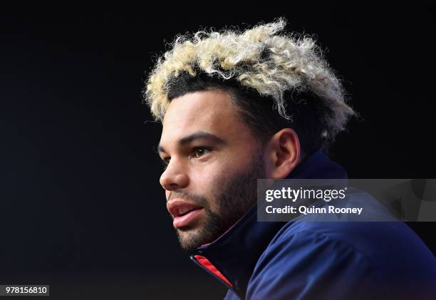 Jason Johannisen of the Bulldogs speaks to the media during an AFL press conference at Etihad Stadium on June 19, 2018 in Melbourne, Australia.