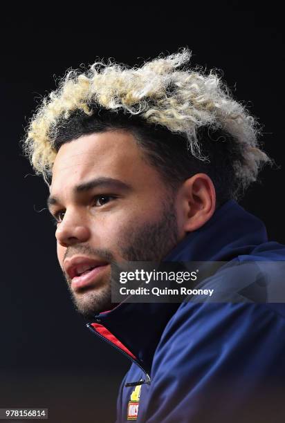 Jason Johannisen of the Bulldogs speaks to the media during an AFL press conference at Etihad Stadium on June 19, 2018 in Melbourne, Australia.