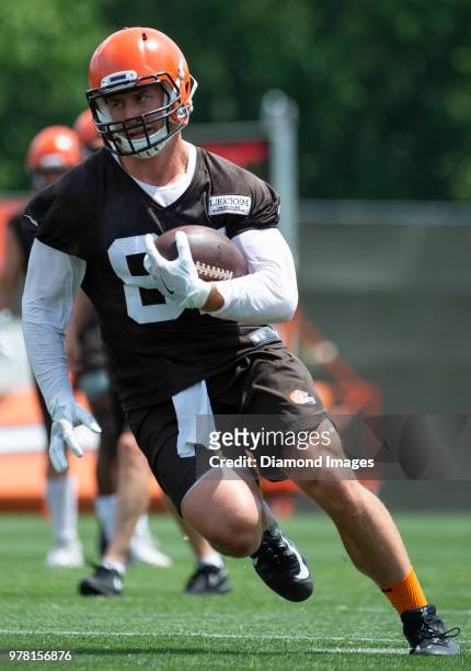 Tight end Seth DeValve of the Cleveland Browns carries the ball during a mandatory mini camp on June 13, 2018 at the Cleveland Browns training...
