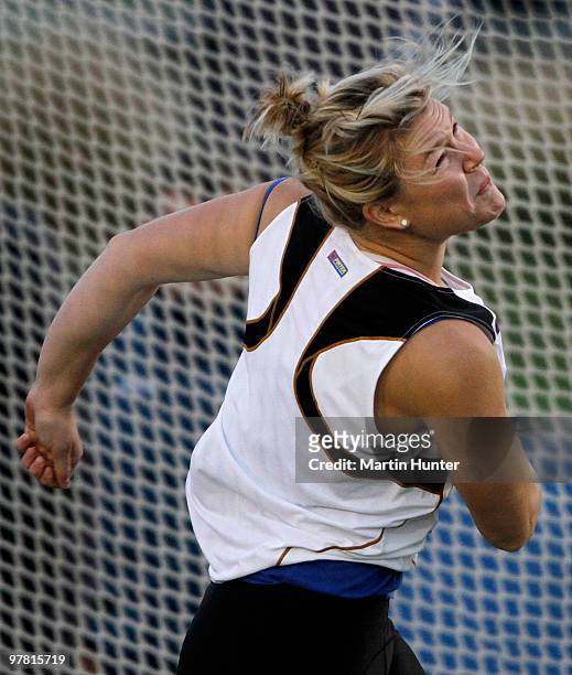 Dani Samuels of Australia competes in the Women's Discus during the International Track Meet at QE II Park on March 18, 2010 in Christchurch, New...