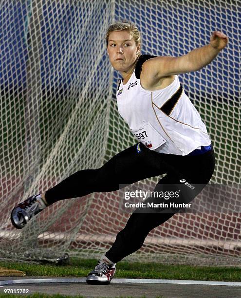 Dani Samuels of Australia competes in the Women's Discus during the International Track Meet at QE II Park on March 18, 2010 in Christchurch, New...