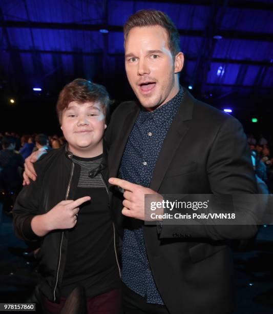 Actors Jeremy Ray Taylor and Chris Pratt pose during the 2018 MTV Movie And TV Awards at Barker Hangar on June 16, 2018 in Santa Monica, California.