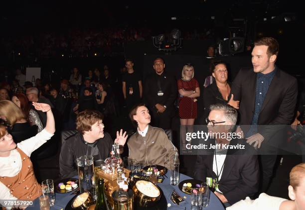 Actors Sophia Lillis, Jeremy Ray Taylor, Jaeden Lieberher, and Chris Patt attend the 2018 MTV Movie And TV Awards at Barker Hangar on June 16, 2018...