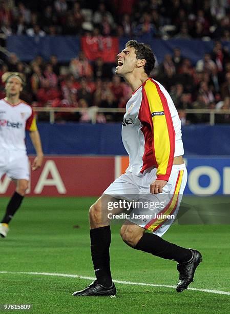 Federico Fazio of Sevilla reacts during the UEFA Champions League round of sixteen second leg match between Sevilla and CSKA Moscow at the Estadio...