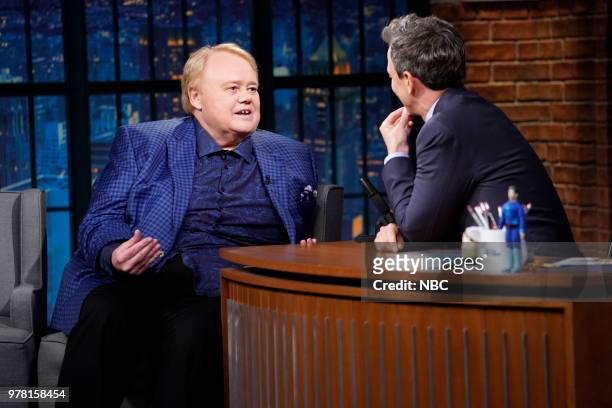 Episode 698 -- Pictured: Comedian Louie Anderson during an interview with host Seth Meyers on June 18, 2018 --