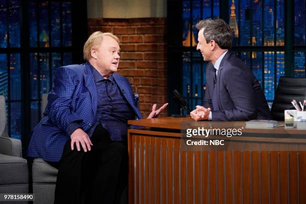 Episode 698 -- Pictured: Comedian Louie Anderson during an interview with host Seth Meyers on June 18, 2018 --