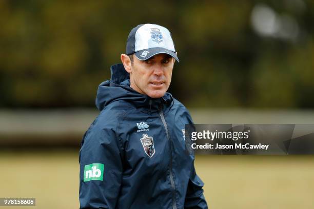 Brad Fittler head coach of the Blues during a New South Wales Blues State of Origin training session at Moore Park on June 19, 2018 in Sydney,...