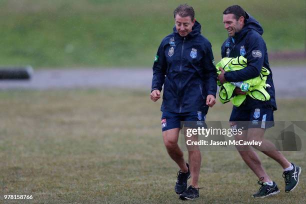 Greg Alexander assistant coach of the Blues and Danny Buderus team advisor of the Blues during a New South Wales Blues State of Origin training...