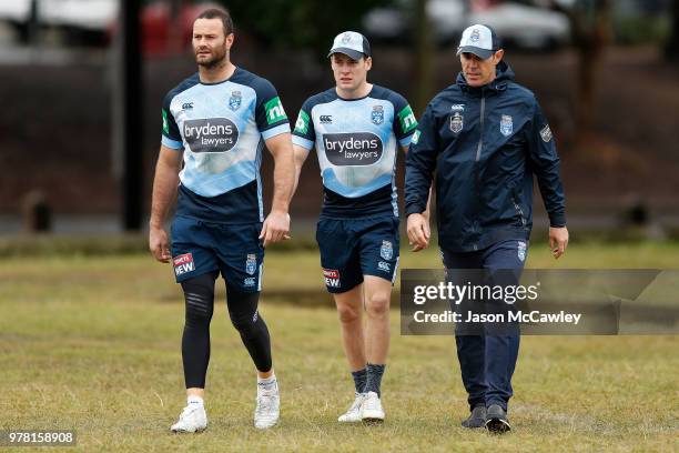 Boyd Cordner, Luke Keary and Brad Fittler head coach of the Blues during a New South Wales Blues State of Origin training session at Moore Park on...