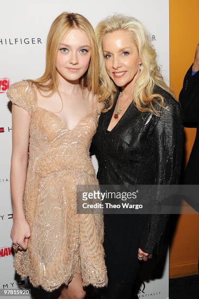 Actress Dakota Fanning and musician Cherie Currie attend "The Runaways" New York premiere at Landmark Sunshine Cinema on March 17, 2010 in New York...