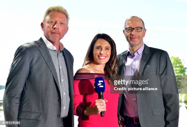 April 2018, Germany, Munich: Former tennis champion Boris Becker , and Eurosport presenters Birgit Noessing and Tobias Stach attend a press...
