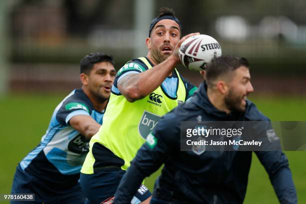 Paul Vaughan of the Blues looks to pass during a New South Wales Blues State of Origin training session at Moore Park on June 19, 2018 in Sydney,...