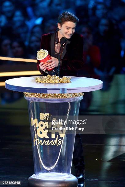 Actor Noah Schnapp accepts the Best Show award for 'Stranger Things' onstage during the 2018 MTV Movie And TV Awards at Barker Hangar on June 16,...