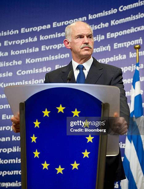 George Papandreou, Greece's prime minister, pauses during a news conference with Jose Manuel Barroso, president of the European Commission, at the...