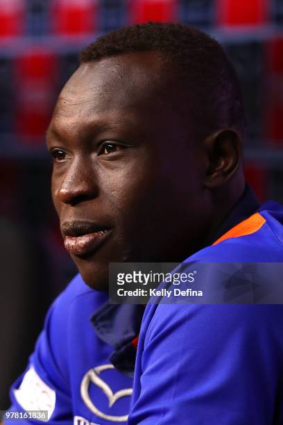 Majak Daw of the Kangaroos speaks to the media during an AFL press conference at Etihad Stadium on June 19, 2018 in Melbourne, Australia.