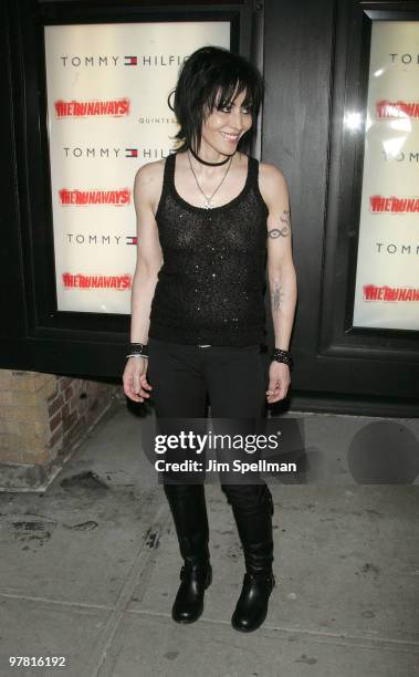 Musician Joan Jett attends "The Runaways" New York premiere at Landmark Sunshine Cinema on March 17, 2010 in New York City.