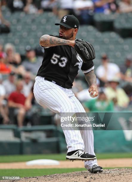 Hector Santiago of the Chicago White Sox pitches against the Cleveland Indians at Guaranteed Rate Field on June 14, 2018 in Chicago, Illinois. The...