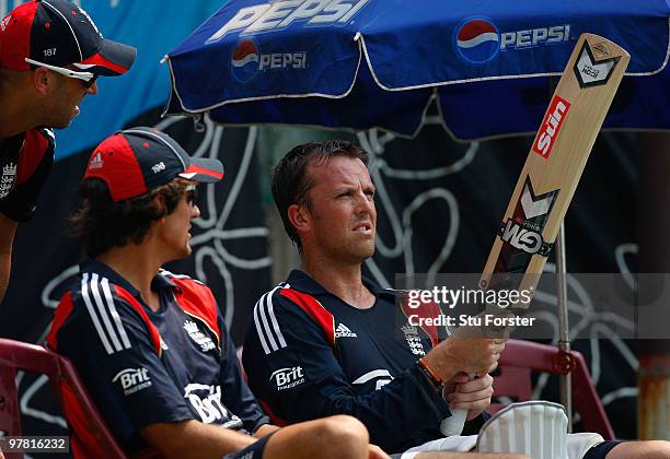 England bowler Graeme Swann chats with captain Alastair Cook during England nets at Shere-e-Bangla National Stadium on March 18, 2010 in Dhaka,...