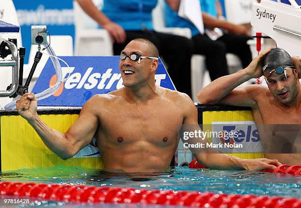 Geoffrey Huegill of NSW celebrates after winning the Mens 50 metre Butterfly Final during day three of the 2010 Australian Swimming Championships at...