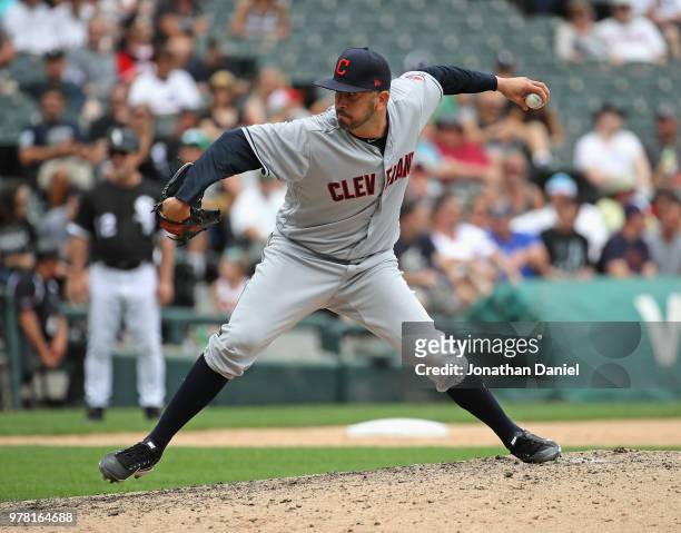 Oliver Perez of the Cleveland Indians pitches in the 8th inning against the Chicago White Sox at Guaranteed Rate Field on June 14, 2018 in Chicago,...