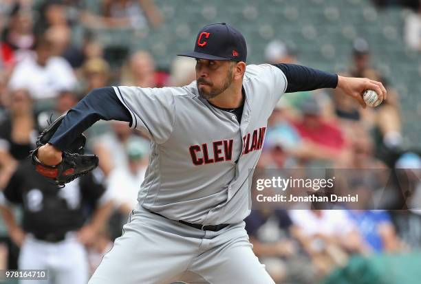 Oliver Perez of the Cleveland Indians pitches in the 8th inning against the Chicago White Sox at Guaranteed Rate Field on June 14, 2018 in Chicago,...
