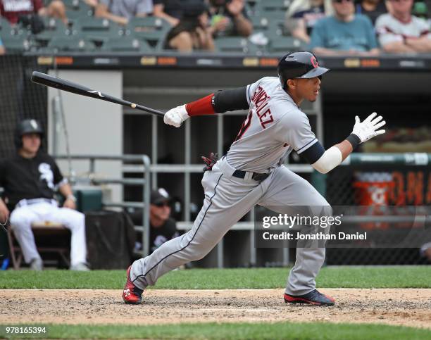 Lonnie Chisenhall of the Cleveland Indians bats against the Chicago White Sox at Guaranteed Rate Field on June 14, 2018 in Chicago, Illinois. The...