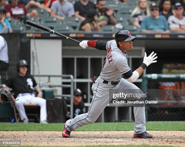 Lonnie Chisenhall of the Cleveland Indians bats against the Chicago White Sox at Guaranteed Rate Field on June 14, 2018 in Chicago, Illinois. The...