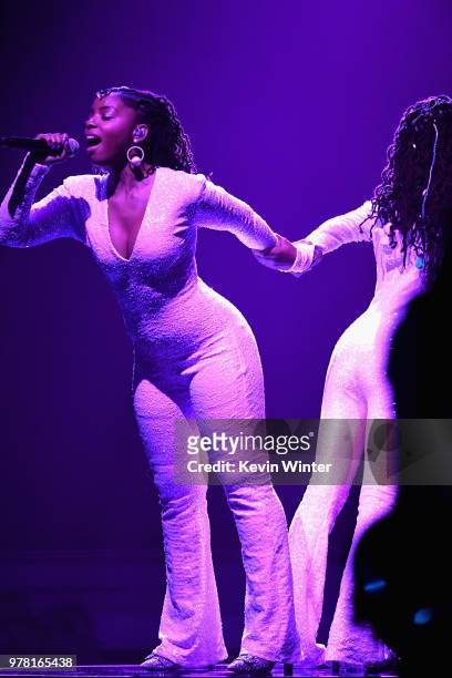 Recording artist Chloe Bailey of musical group Chloe X Halle performs onstage during the 2018 MTV Movie And TV Awards at Barker Hangar on June 16,...