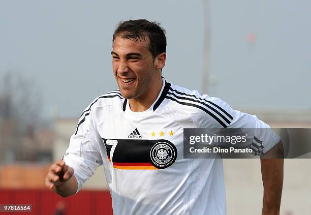 Cenk Tosun of Germany celebrates after scoring his team's first goal during the International Friendly match between U19 Italy v U19 germany on March...