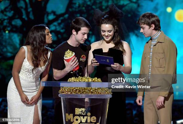 Actors Alisha Boe, Dylan Minnette, Katherine Langford, and Miles Heizer speak onstage during the 2018 MTV Movie And TV Awards at Barker Hangar on...