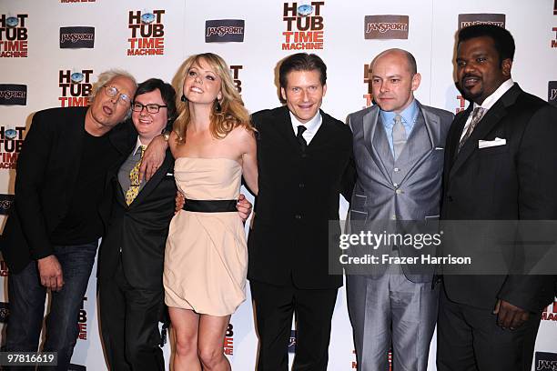 Actors Chevy Chase, Clark Duke, Collette Wolfe, Crispin Glover, Rob Corddry, Craig Robinson pose at the premiere of MGM & United Artisits' "Hot Tub...