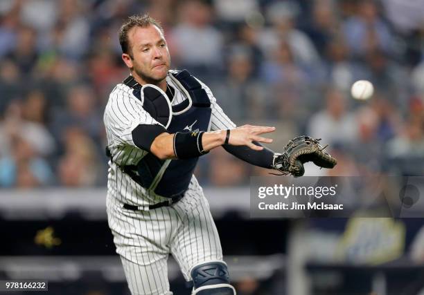 Austin Romine of the New York Yankees in action against the Washington Nationals at Yankee Stadium on June 13, 2018 in the Bronx borough of New York...