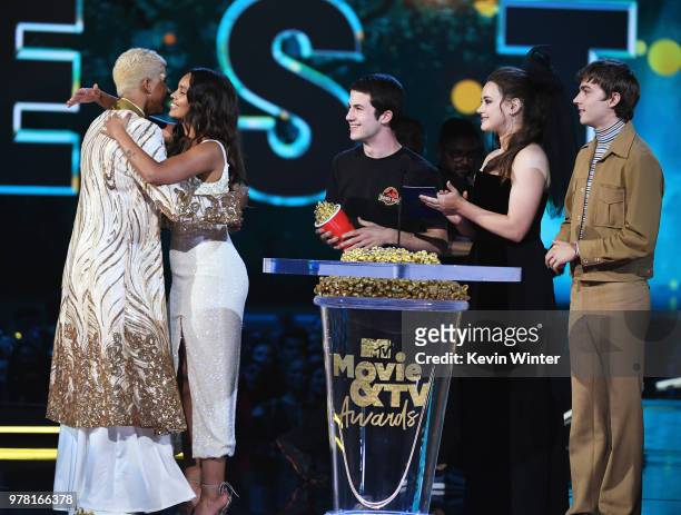 Actor Keiynan Lonsdale accepts the Best Kiss award for 'Love, Simon' from actors Alisha Boe, Dylan Minnette, Katherine Langford, and Miles Heizer...