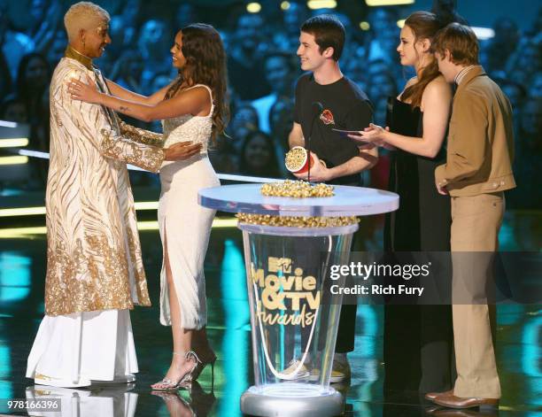 Actor Keiynan Lonsdale accepts the Best Kiss award for 'Love, Simon' from actors Alisha Boe, Dylan Minnette, Katherine Langford, and Miles Heizer...