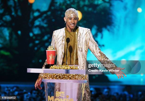 Actor Keiynan Lonsdale accepts the Best Kiss award for 'Love, Simon' onstage during the 2018 MTV Movie And TV Awards at Barker Hangar on June 16,...