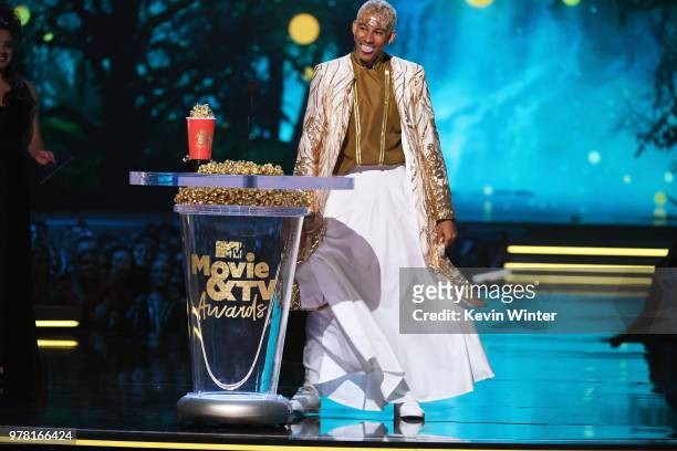 Actor Keiynan Lonsdale accepts the Best Kiss award for 'Love, Simon' onstage during the 2018 MTV Movie And TV Awards at Barker Hangar on June 16,...