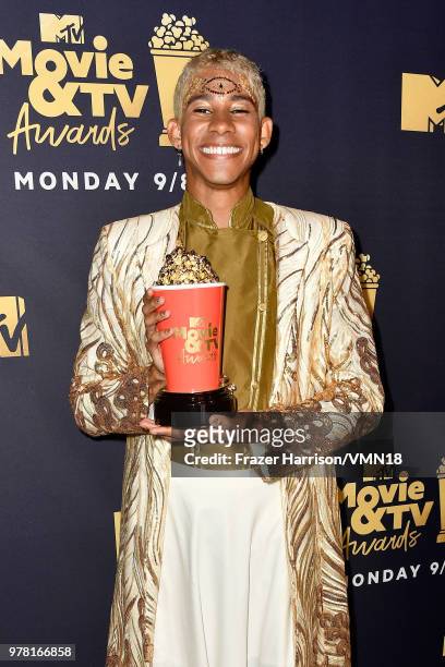 Actor Keiynan Lonsdale, co-winner of the Best Kiss award for 'Love, Simon,' attends the 2018 MTV Movie And TV Awards at Barker Hangar on June 16,...