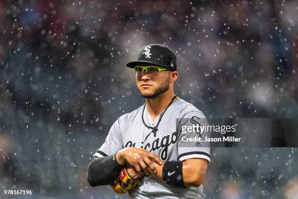 Yolmer Sanchez of the Chicago White Sox walks off the field after umpires called a delay of game due to weather during the seventh inning against the...