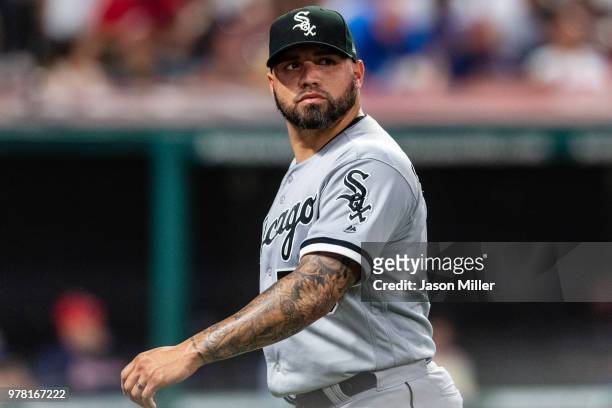 Relief pitcher Hector Santiago of the Chicago White Sox leaves the game after walking in a run during the sixth inning against the Cleveland Indians...
