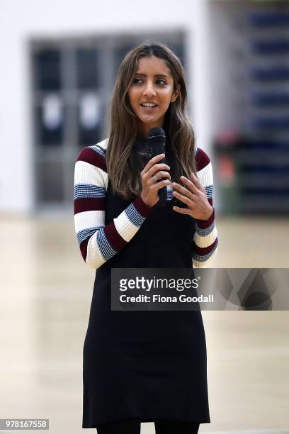 Iranian-born Green MP Golriz Ghahraman speaks to students during the Olympic Refugee Sport Day at The Trusts Arena on June 19, 2018 in Auckland, New...