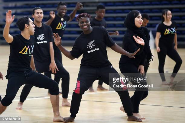 Students perfom in the opening ceremony during the Olympic Refugee Sport Day at The Trusts Arena on June 19, 2018 in Auckland, New Zealand. The event...