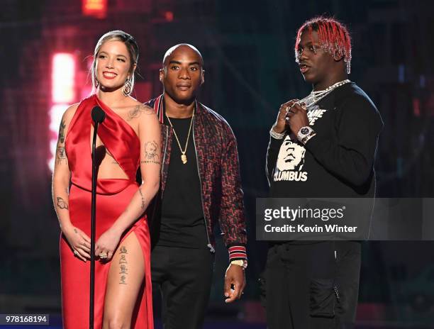 Recording artist Halsey, TV-radio personality Charlamagne tha God, and recording artist Lil Yachty speak onstage during the 2018 MTV Movie And TV...