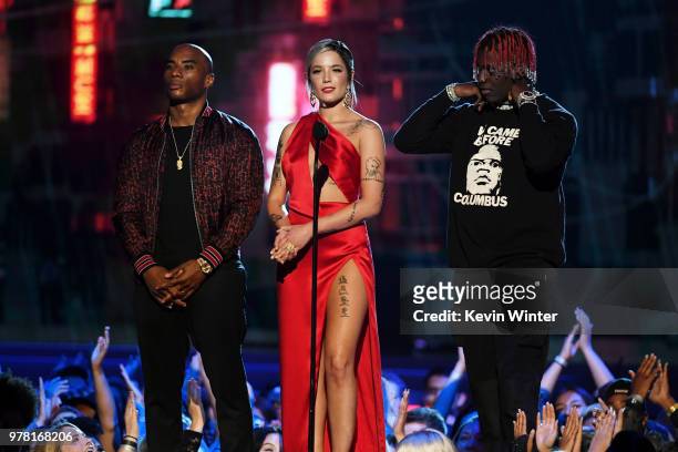 Radio personality Charlamagne tha God, recording artist Halsey, and recording artist Lil Yachty speak onstage during the 2018 MTV Movie And TV Awards...