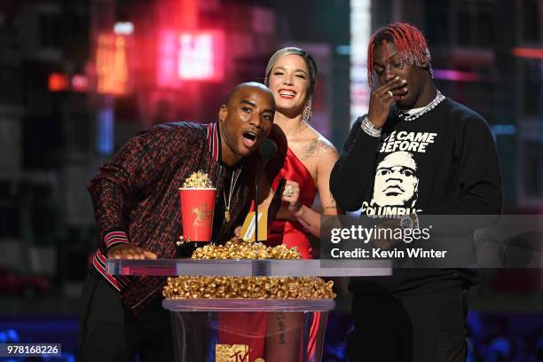 Radio personality Charlamagne tha God, recording artist Halsey, and recording artist Lil Yachty speak onstage during the 2018 MTV Movie And TV Awards...