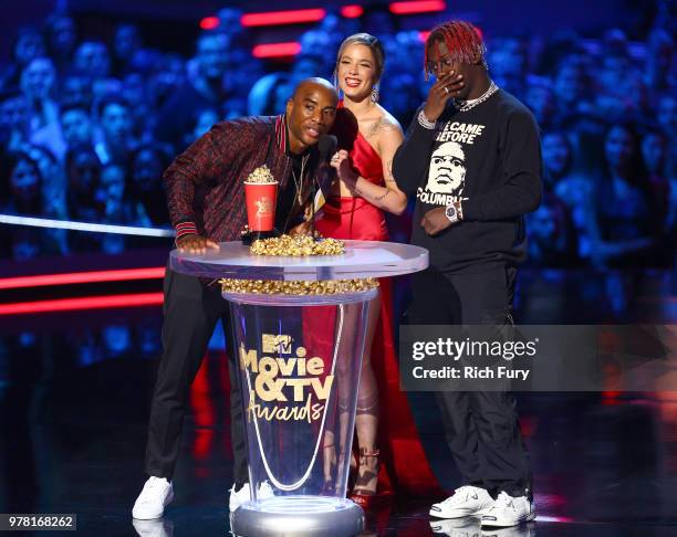 Charlamagne tha God, Halsey and Lil Yachty speak onstage during the 2018 MTV Movie And TV Awards at Barker Hangar on June 16, 2018 in Santa Monica,...