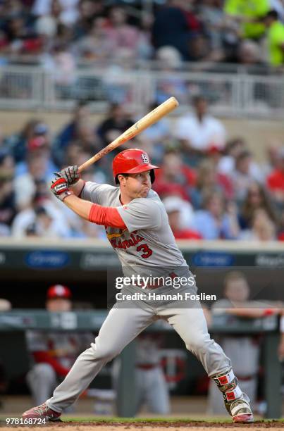 Jedd Gyorko of the St. Louis Cardinals takes an at bat against the Minnesota Twins during the interleague game on May 15, 2018 at Target Field in...