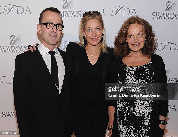 Executive director Steven Kolb, Nadja Swarovski and Diane Von Furstenberg attend the 2010 CFDA Fashion Awards Nomination Announcement at DVF Studio...