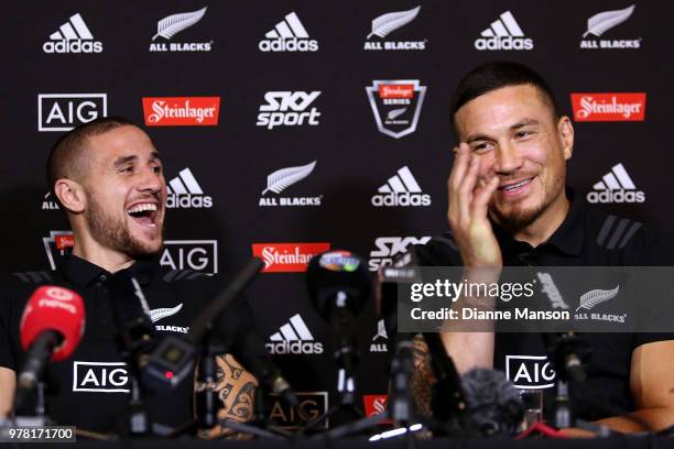 Perenara and Sonny Bill Williams of the All Blacks speak to media during a New Zealand All Blacks press conference on June 19, 2018 in Dunedin, New...