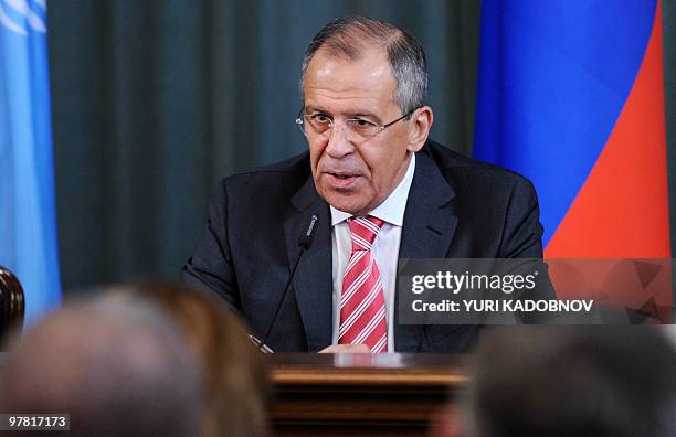 Russian Foreign Minister Sergei Lavrov speaks at a press conference after talks with UN Secretary General Ban Ki Moon in Moscow on March 18, 2010....